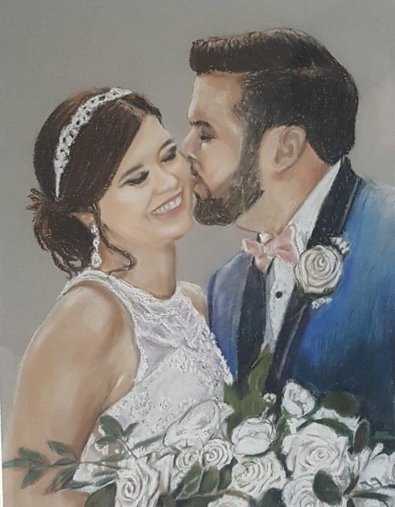Painting of a newly married couple. Husband kisses wife on cheek